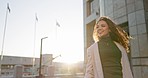 Walking, city and confident business woman on morning commute for work, career success and job. Travel, professional and back of person with confidence, ambition and pride on journey at sunrise
