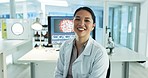 Scientist, woman and face in a laboratory for disease analysis and biotechnology with research work. Asian female person, professional and portrait with virus investigation and pharmaceutical job