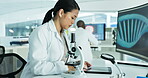 Microscope, Asian woman or scientist reading in laboratory for chemistry research report or bacteria feedback. Medical analysis, tablet or doctor typing online for medicine news on desktop screen