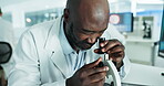 Particles, microscope or black man scientist in laboratory for research, medical analysis or test experiment. Healthcare, investigation or expert with technology for future development or results