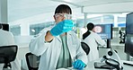 Glass, water or scientist writing in laboratory for chemistry research report, chemical or bacteria feedback. Medical analysis, Asian woman or doctor with liquid for medicine study update at desk