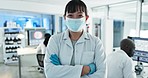 Scientist, woman and face mask with arms crossed in a lab for healthcare and biotechnology with research work. Female person, professional and portrait with virus investigation and pharmaceutical job