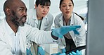 Teamwork, computer or scientists talking in lab for chemistry research report or medical info feedback. Asian women, tablet or black man doctor speaking of online results for medicine web update