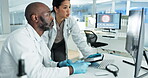 Teamwork, computer or scientists reading in lab for chemistry research report or science info feedback. Medical analysis, tablet or black man doctor speaking of online results for medicine web update