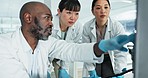 Teamwork, computer or scientists speaking in lab for chemistry research report or medical info feedback. Asian women, pointing or black man doctor reading online results for medicine web update on PC