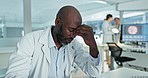 Stress, black man or scientist with headache in laboratory suffering from burnout, migraine pain or overworked. Exhausted, frustrated or tired man working on science research with fatigue or tension 