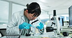 Particles, magnifying glass or scientist in laboratory for research, medical study or test experiment. Data analysis, investigation or Asian woman with petri dish for future development or results