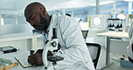 Results, black man or scientist writing research notes for analysis on experiment or medical information. Notebook, microscope or expert in a laboratory with documents info for science development 