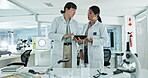 Tablet, teamwork or women scientists in laboratory for chemistry research report or test feedback. Medical, Asian people talking or science update on website for online medicine development news 