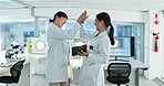 High five, scientist or women with success in celebration of research results in laboratory with teamwork. Medical, tablet or happy Asian people in healthcare excited by target, bonus or winning goal