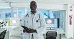 Tablet, face or happy scientist in laboratory for chemistry research report or test results feedback. Medical analysis, proud black man or science update for online medicine development news on tech