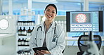 Tablet, happy woman or face of scientist in laboratory for chemistry research report or test results feedback. Medical analysis tech, Asian lady or science update for online medicine development news