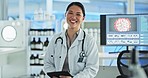 Asian, happy woman or face of scientist in laboratory for chemistry research report or test results feedback. Medical analysis tech, tablet or science update for online medicine development news