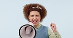 Woman, megaphone and screaming in protest, voice or communication against a studio background. Female person, gen z or activist shouting with fist on bullhorn or loudspeaker for alert or attention