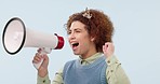 Happy woman, megaphone and singing for karaoke, voice or communication against a studio background. Female person or activist screaming in bullhorn or loudspeaker for attention, alert or broadcast