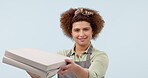 Woman, pizza and studio as portrait mockup for business promotion, restaurant discount or customer sales. Happy employee, fast food and smile for service industry, order delivery or payment for meal