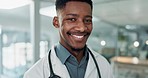 Hospital, doctor and face of African man for medical service, insurance and clinic care. Healthcare, consulting and portrait of health worker with stethoscope for cardiology, medicine and support