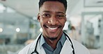 Hospital, doctor and face of black man for medical service, insurance and clinic care. Healthcare, consulting and portrait of health worker with stethoscope for cardiology, medicine and support