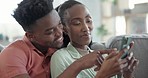 Black couple, phone and sofa in home for notification online connection, social media or internet. Happy partnership, mobile network and together or search information, communication or happiness