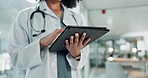 Tablet, doctor hands and person typing research of medicine study, cardiology info and reading healthcare data. Closeup, hospital and medical surgeon, nurse or clinic worker search online database