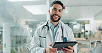 Tablet, search and portrait of man doctor on internet for medical or healthcare information online in a hospital. Smile, medicine and professional typing on health website or app in a modern clinic