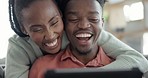 Happy, hug and couple with tablet in a living room for streaming, social media or search in their home. Love, embrace and people in a lounge relax while checking digital app for chat or subscription