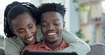 Happy couple, hug and tablet on a sofa for streaming, subscription or online communication at home. Digital, search and people embrace in a living room with love, social media or meme, gif or app