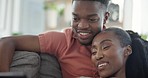 Happy couple, relax and tablet on a sofa for streaming, subscription or online communication at home. Digital, search and people embrace in a living room with love, social media or meme, gif or app