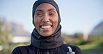 Fitness, happy and face of Muslim woman in city for workout, training and exercise outdoors. Sports, smile and portrait of Islamic person with hijab in town for wellness, healthy body and motivation