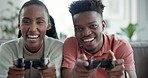 Black people, couple playing video game and fun together with bonding, technology and streaming on a date. Happy, controller and competition with laughter, healthy relationship and challenge at home