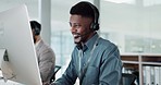 Happy black man, call center and customer service in telemarketing, communication or support at office. African male person or consultant agent smile in online advice, help or contact us at workplace