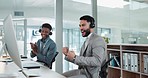 Businessman, call center and fist bump in winning, promotion or success for customer service at office. Excited man, consultant or agent in victory, target or sale for online advice or contact us