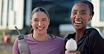 Fitness, face and women with laughing outdoor for exercise and training with water bottle cheers or funny. Comedy, people and athlete with comic smile in nature for workout, wellness and healthy body