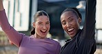 Face, fitness and friends excited for workout, training and exercise for body health in city. Portrait, athlete and happy women in urban town outdoor ready to start sports together, funny and laugh