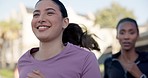 Woman, friends and fitness in happiness with closeup while running, jog or training for competition. People, smiling and excited for race with motivation to win with cardio, exercising and workout