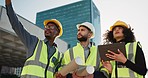 People, architect and team with tablet in city planning for construction, building or project. Group of employees, contractor or engineer in teamwork with technology for architecture plan on site