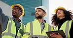 People, architect and tablet in city for construction planning, team discussion or strategy on site. Group of employees, contractor or engineer on technology in teamwork, project plan or architecture