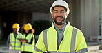 Happy man, architect and construction in leadership, management or team coordinator on site. Portrait of male person, contractor or engineer smile for professional architecture, project or ambition