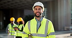 Happy man, architect and city for construction management or teamwork in leadership on site. Portrait of male person, contractor or engineer smile for professional architecture, project or ambition