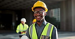 Happy black man, architect and city for construction management or teamwork in leadership on site. Portrait of African person, contractor or engineer smile for professional architecture or project