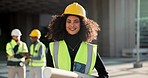 Happy woman, architect and city for construction management or teamwork in leadership on site. Portrait of female person, contractor or engineer smile for professional architecture, project or plan