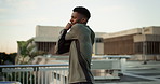 Exercise, health and stretching with a black man runner outdoor in a city for marathon or cardio training. Fitness, workout and a young athlete getting ready for the start of his workout for wellness