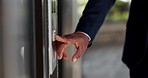 Elevator button, man and business worker at corporate building and lift for office floor. Company, person and financial employee ready for professional job and staff working at a workplace for career
