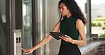 Elevator button, woman typing and business tablet at corporate building and lift for office floor. Company, female person and financial employee working on tech data and planning an online project