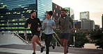 Fitness friends, running in city with cardio and exercise outdoor, support and wellness group with workout. People training for race, health and sports, urban and active with runner team together