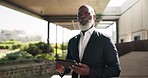 Outdoor, corporate and senior man with a tablet, thinking or doubt with data analysis, investment research or website info. African person, employee or accountant with technology, outside or confused