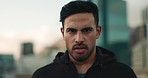 Sports, breathing and face of man in city for fitness, running or marathon, training or performance. Exercise, sweat or guy runner portrait stop to breathe outdoor with resilience, workout or mindset