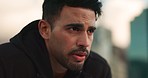 Breathing, fitness and tired man in city for running, performance or training, challenge or resilience. Sports, fatigue and face of guy runner stop to breathe outdoor for workout, exercise or mindset