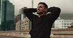 Fitness, celebration and happy man in a city street with running, goal or time, speed and success. Sports, freedom and male runner in a road excited about training achievement, resilience or workout