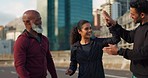 Workout, together and people high five in city, New York and support for morning cardio, exercise or solidarity in training. Support, fitness or goals with friends outdoor with happiness in wellness 